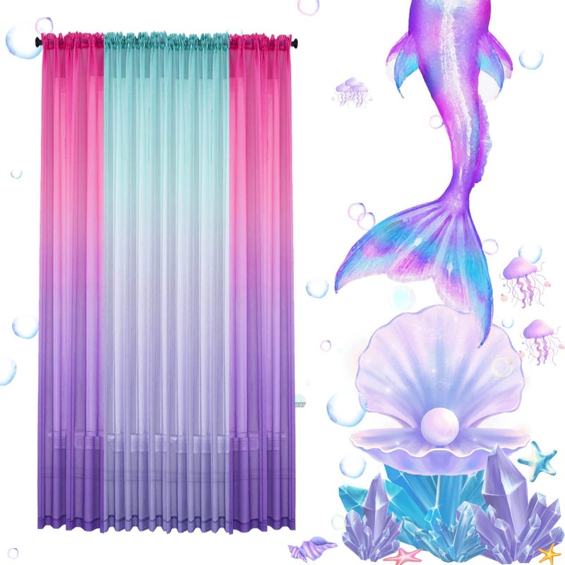 Yancorp 2 Panel Sets Semi Bedroom Curtains 72 inch Length Sheer Rod Pocket Curtain Linen Teal Turquoise Purple Ombre Girls Living Room Mermaid Bedroom Nursery Kids Decor (Turquoise Purple, 40"x72") - Image 2